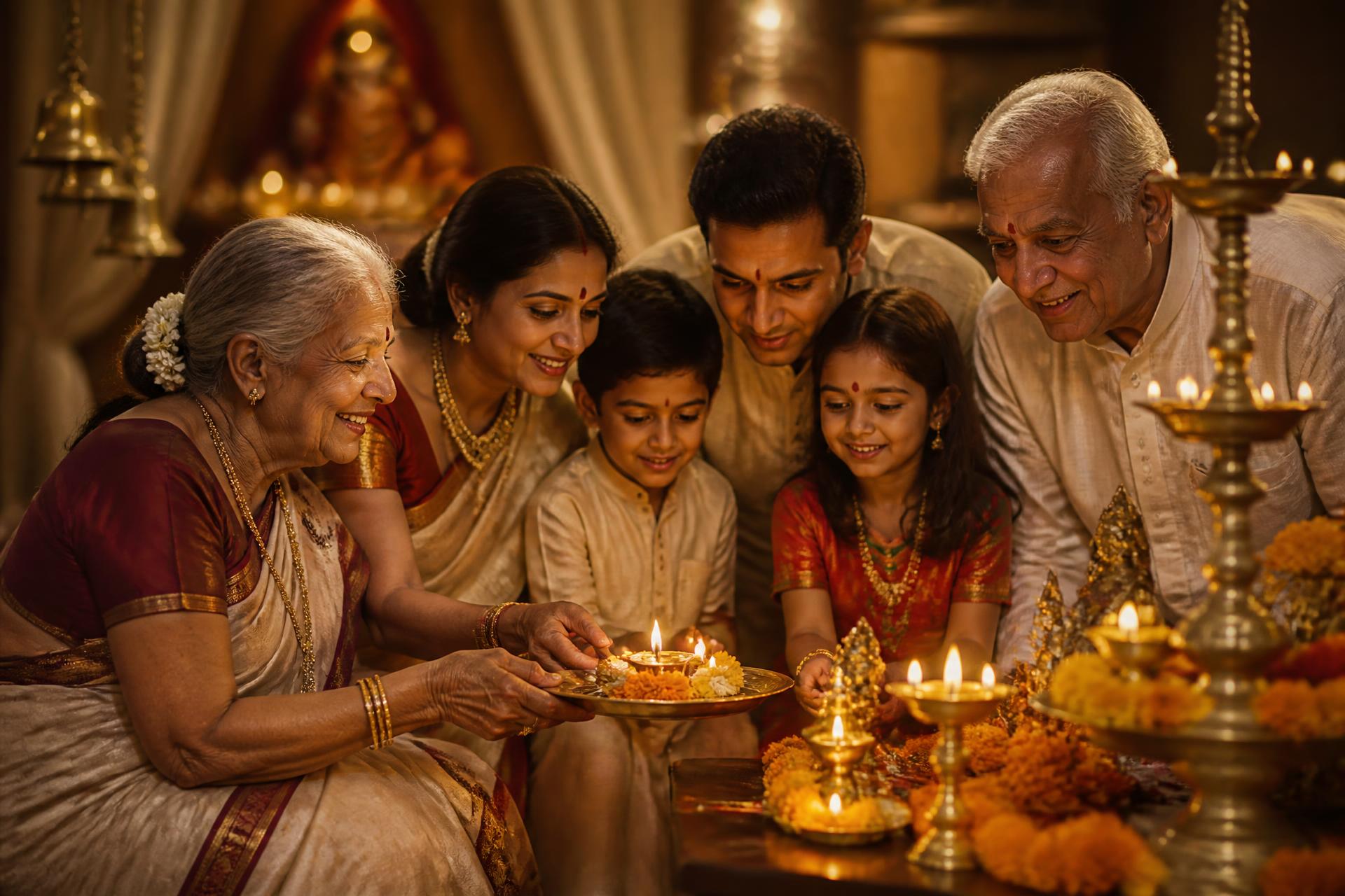 Konkani family lighting diyas together at home